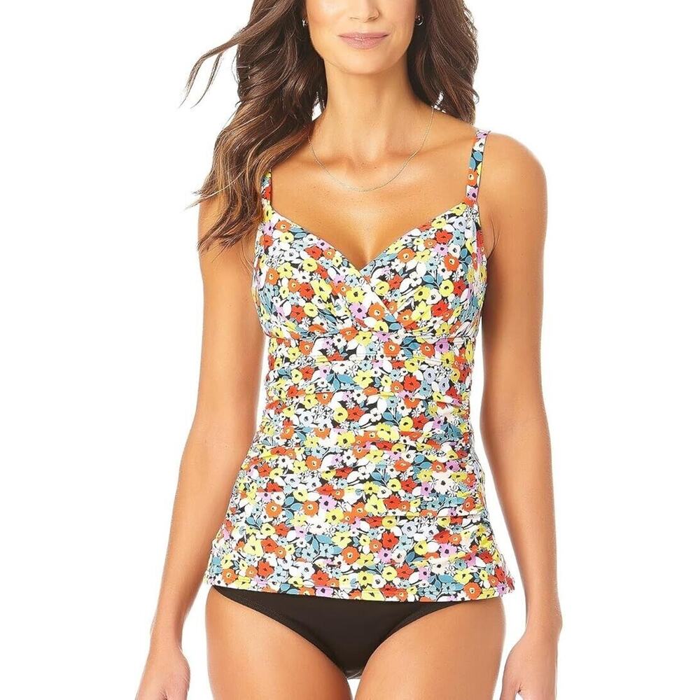 NWT ANNE COLE Flower Field Twist Front Shirred‎ Tankini Top Underwire 32C/34B